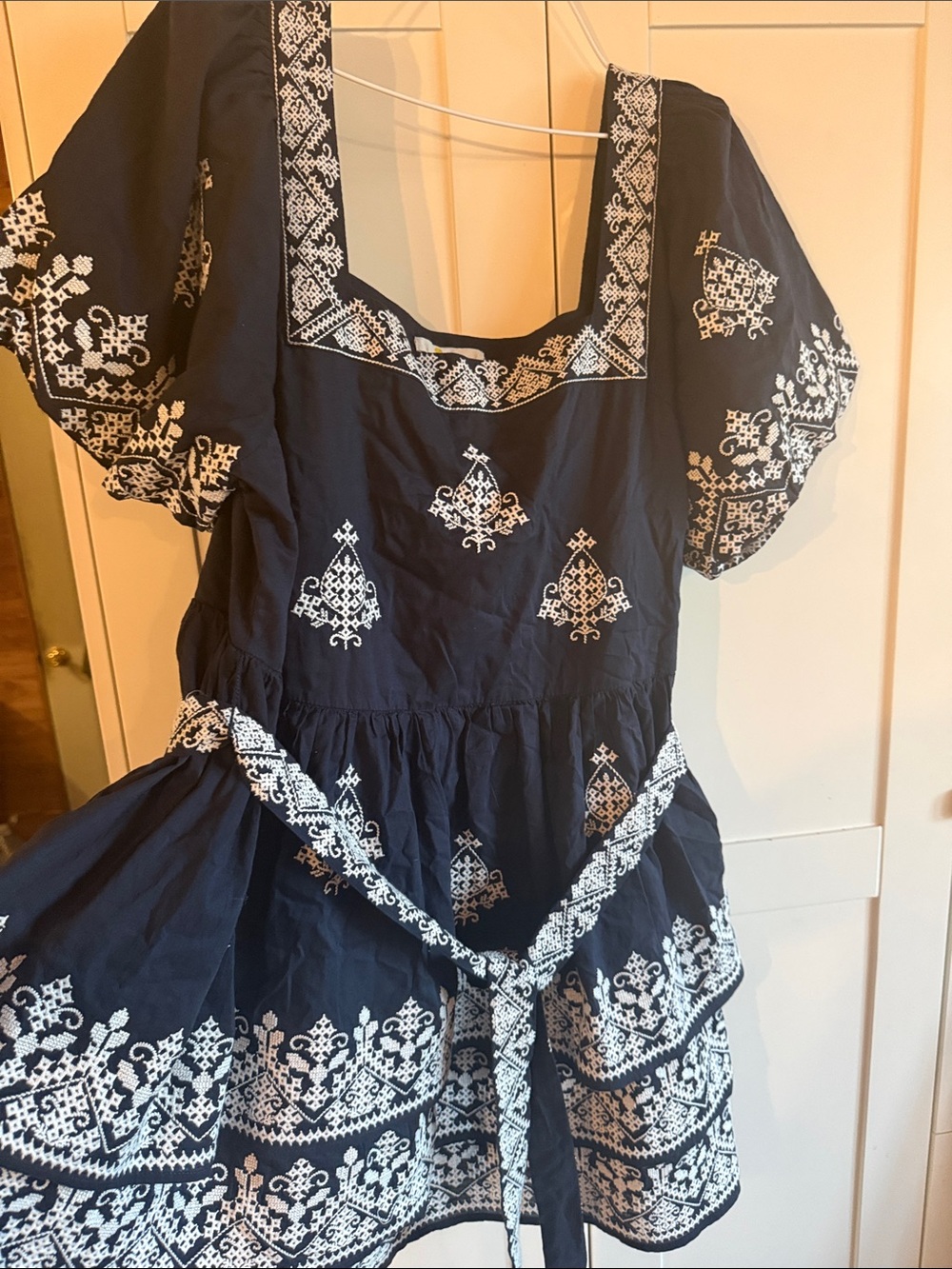 Navy Boden Embroidered Tiered Puff-Sleeve Dress